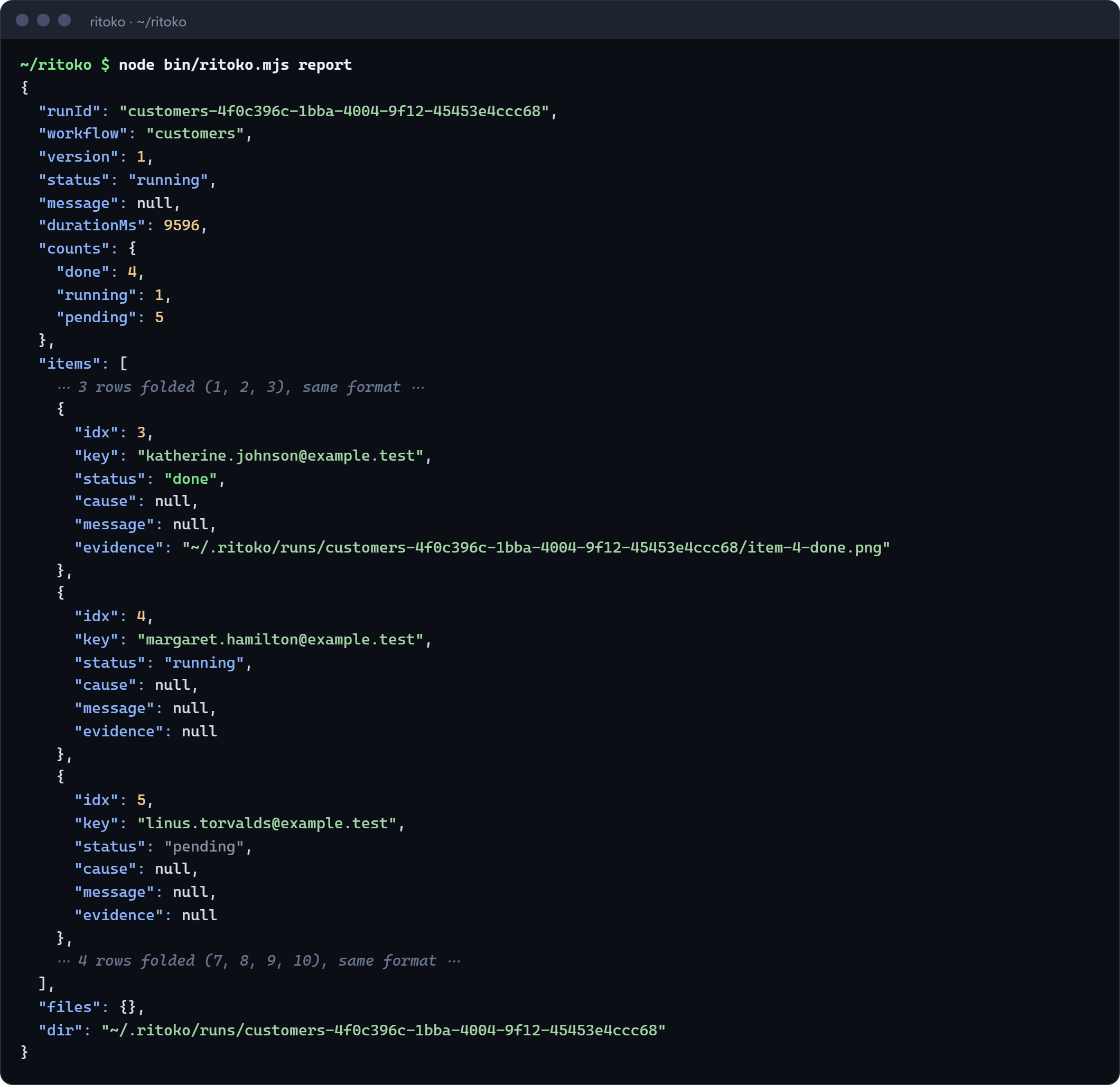 Terminal: ritoko report as JSON. Status running, counts done 4, running 1, pending 5. Item 4, margaret.hamilton, is running; item 5 is pending.