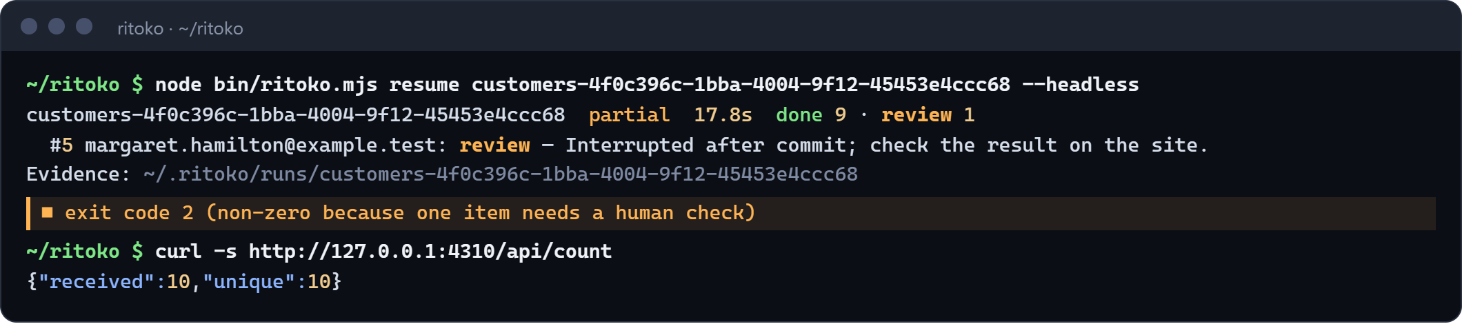 Terminal: ritoko resume, run partial, done 9, review 1. Row 5, margaret.hamilton, is review: interrupted after commit, check the result on the site. Exit code 2. The server reports received 10, unique 10.